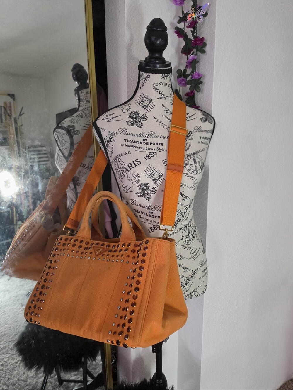 Prada Orange Papaya Canapa Gromment & Studded Large Tote (COA/HARD CARD)(EUC)🧡✨